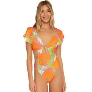 TRINA TURK Women's Playa De Flor One-piece Swimsuit Size 12 Flutter Sleeves